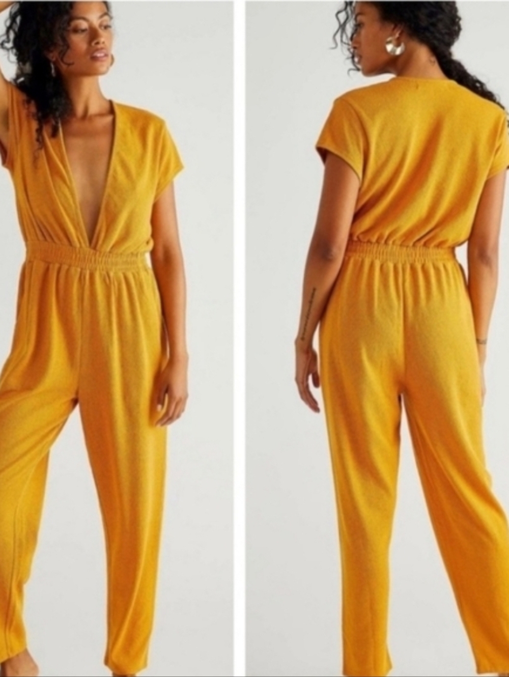 Free People FP Beach Rita Terrycloth Knit Jumpsuit in Marigold Yellow Gold, XS